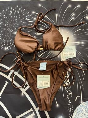 Shade & Shore Chocolate Brown String Bikini Set (XS Bottom & Small Top)